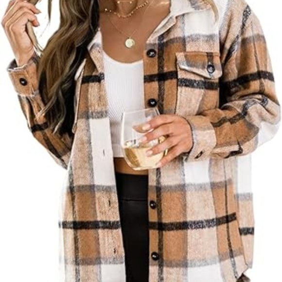 Queen‎ Womens Flannel Shacket Jacket Casual Plaid Wool Blend Button Down Long Sl - Picture 1 of 3